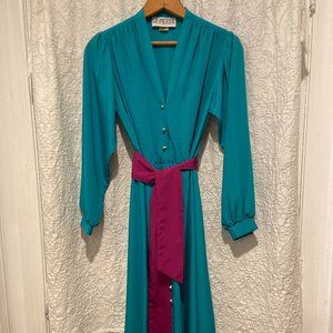 Vintage Petite Dress- teal with magenta sash